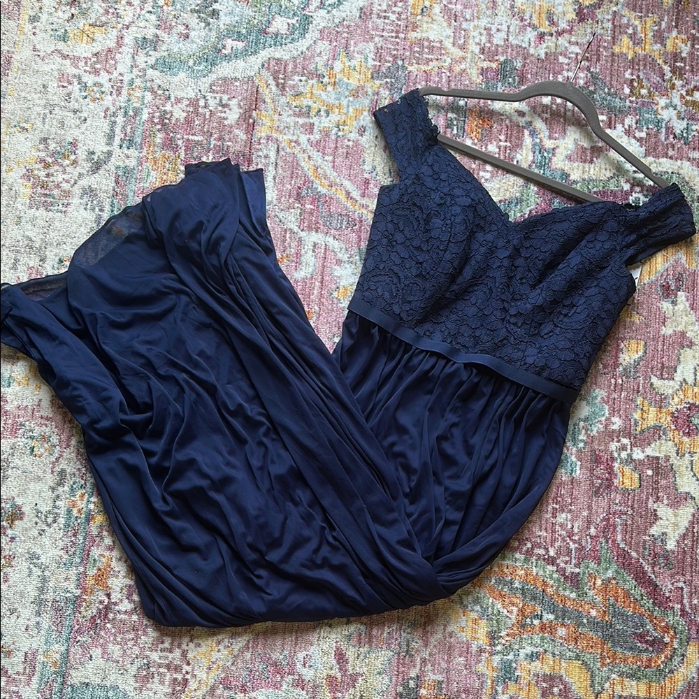 David's Bridal Blue Off-the-Shoulder Dress Lace Detail - Marine NWT | F19650